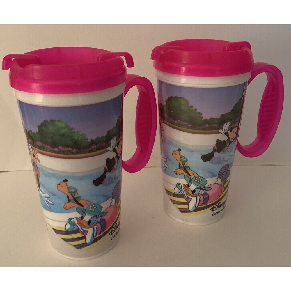 2  Disney Parks Mugs Travel Cups Mickey Daisy Pluto Goofy Minnie Donald Swimming